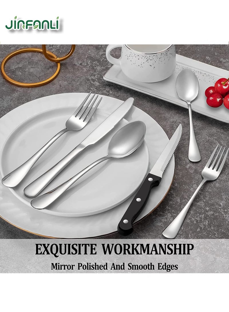 جين فان ل أنا طقم أدوات مائدة من 24 قطعة مع سكاكين شرائح اللحم تكفي 4 أشخاص، طقم أدوات مائدة من الفولاذ المقاوم للصدأ، طقم أدوات مائدة مصقولة بمرآة، طقم أدوات مائدة للمطبخ المنزلي، يتضمن طقم شوكة وسكين وملعقة - Image 2